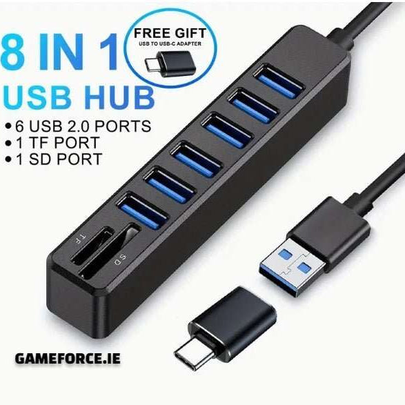 ARES 8-in-1 USB hub  -  clear product hero shot showing the hub body, attached 1m cable, and USB-to-Type-C adapter for context and scale.