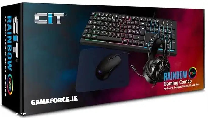 CiT Rainbow RGB Gaming Combo 4-1 KIT showcasing keyboard, mouse, headset, and mouse mat with vibrant RGB lighting.