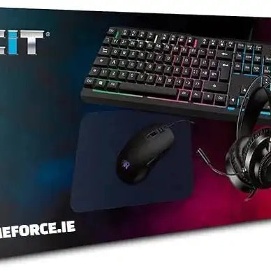 CiT Rainbow RGB Gaming Combo 4-1 KIT with keyboard, mouse, headset, and mouse mat displaying vibrant rainbow RGB lighting on a gaming desk setup.