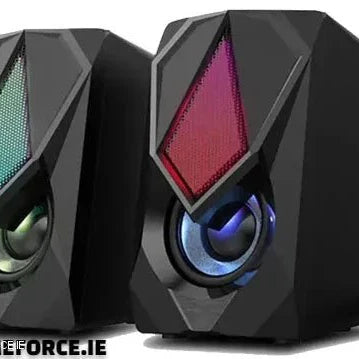 PC-LINK SCREECH-K9 GM11 USB speakers on a desk, showcasing sleek and stylish design for gaming and work setups.