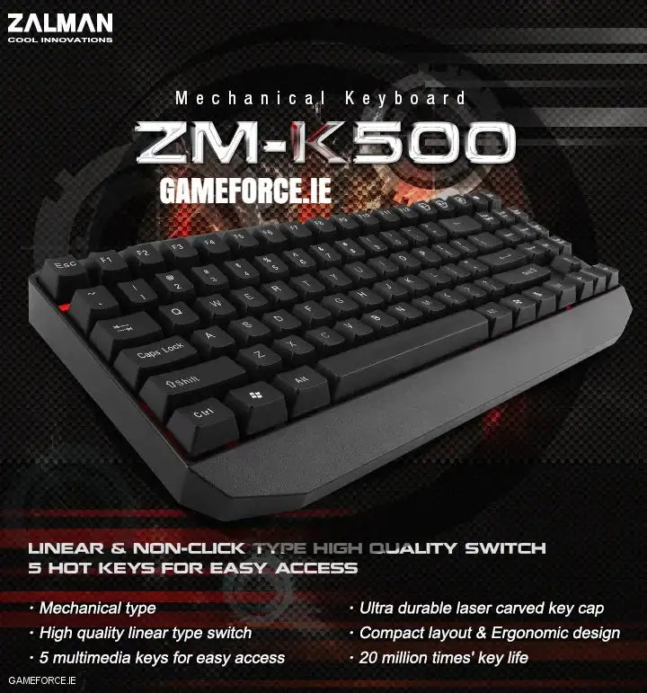 Zalman ZM-K500 Mechanical Keyboard featured with sleek design, perfect for gaming setups.