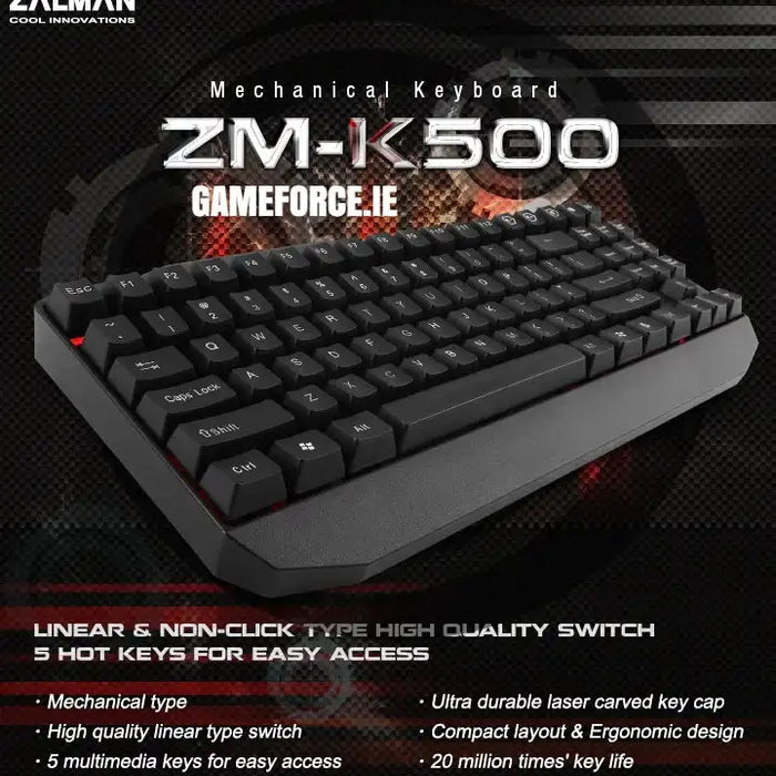 Zalman ZM-K500 Mechanical Keyboard showcased by GAMEFORCE.IE, Ireland's expert PC builders, highlighting its sleek design and backlit keys.