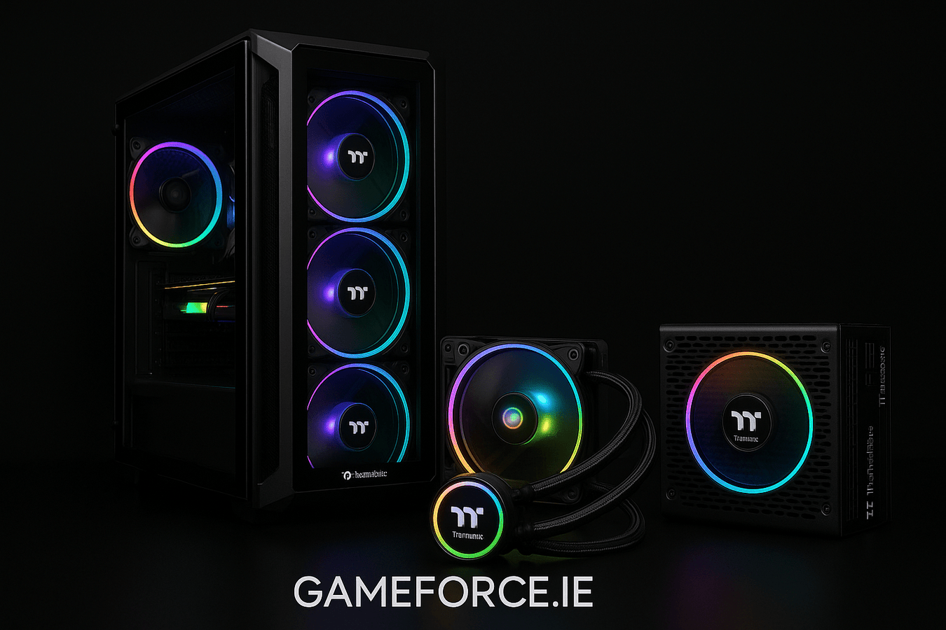 Thermaltake PC Cases , CPU Coolers , Fans , PSUs from Irelands Gameforce.ie. Official   from Intel and AMD CPU Coolers , AIO Liquid Coolers , Gaming Mini Tower PC Cases to140mm Fans to 80+ Bronze , Silver , Gold  , PSU Ireland PC Componens Gameforce.ie