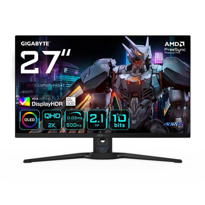 GIGABYTE AORUS FO27Q5P OLED QHD Gaming Monitor - 2560 x 1440, 500Hz, 0.03ms, KVM, 300 cd/m², FreeSync Premium Pro, DisplayHDR True Black 500, DisplayPort 2.1