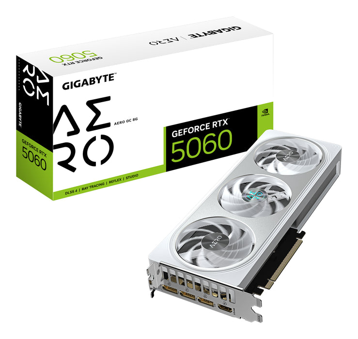 GIGABYTE GeForce RTX 5060 AERO OC 8G Graphics Card - 8GB GDDR7, 128bit, PCI-E 5.0, 2595 MHz Core Clock, 3 x DisplayPort, 1 x HDMI, GV-N5060AERO OC-8GD