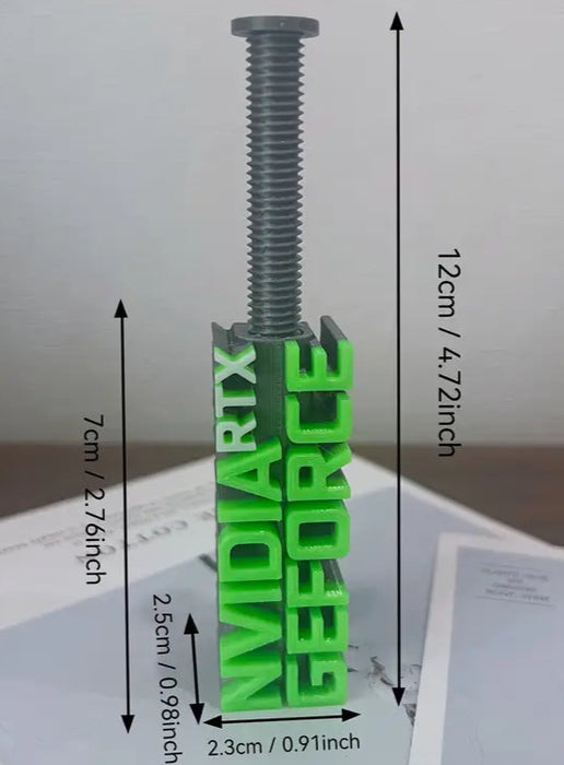 Model of a NVIDIA GeForce graphics card with dimensions indicated