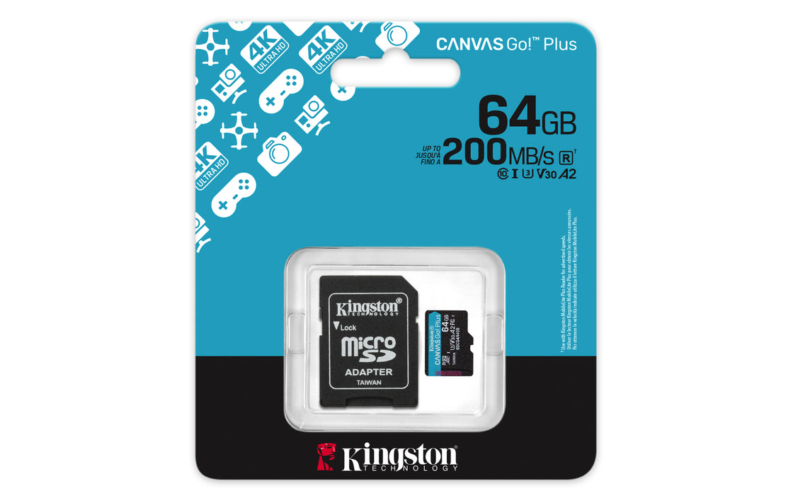 Kingston Technology 64GB microSDXC Canvas Go Plus Gen4 200MB/s A2 U3 V30 Card + Adapter