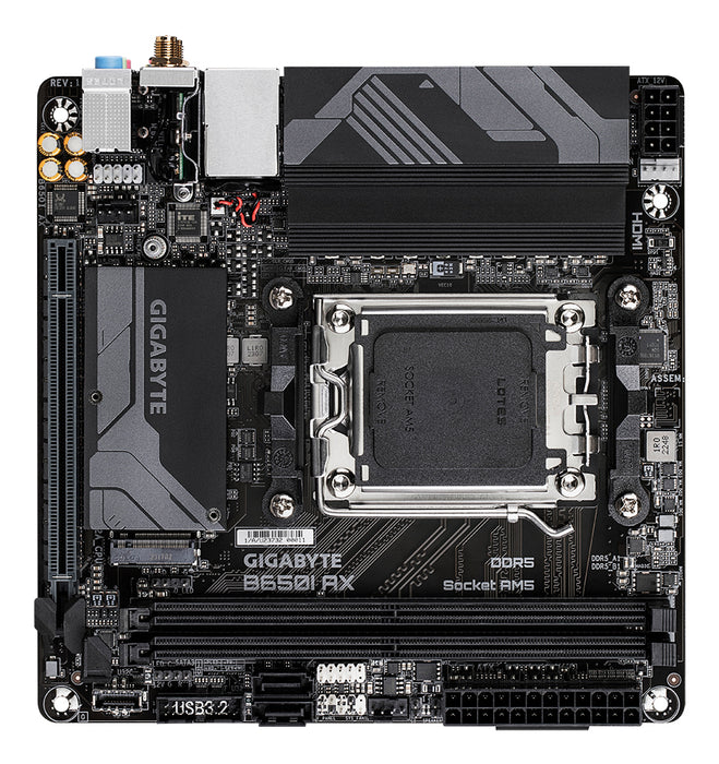 GIGABYTE B650I AX Motherboard - AMD Ryzen 9000 Series CPUs, 5+2+1 Phases VRM, up to 6400MHz DDR5 (OC), 1xPCIe 4.0 M.2, 2.5GbE LAN, WIFI 6E, USB 3.2 Gen 2