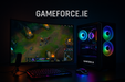league of legends pc game playing on a 4K cruved monitor beside a rgb tower gaming pc with small GAMEFORCE.IE logo on the tower pc , dark background with GAMEFORCE.IE logo above centered