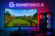 minecraft pc gaming on curved monitor on desk RGB Mini tower Gaming PC with gameforce.ie logo on wall behind
