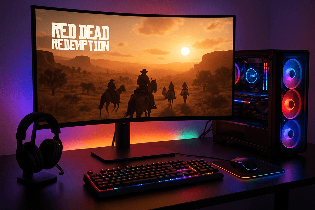 red dead redemption playing on monitor on desk rgb powered intel gaming pc