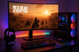 red dead redemption playing on monitor on desk rgb powered intel gaming pc