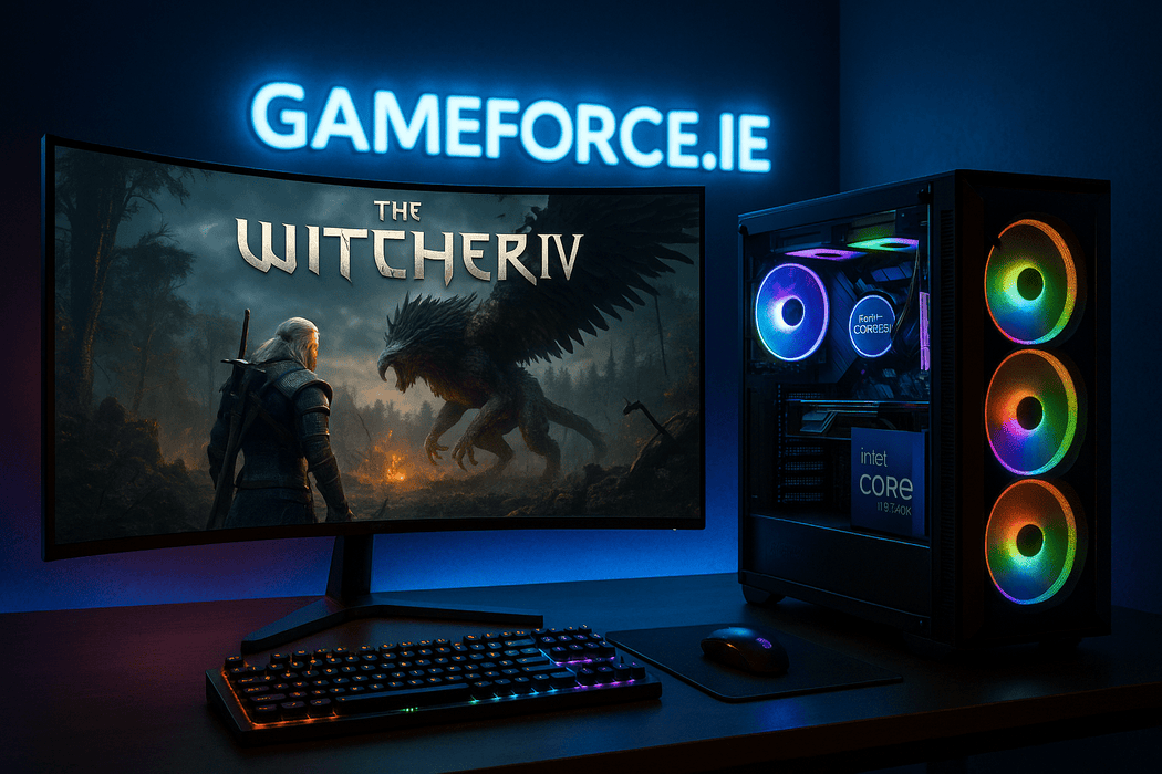witcher IV game playing on curved monitor on desk rgd midi tower pc powered by Intel Core i9 14900k processor with Intel logo. Gameforce.ie logo on wall behind pc