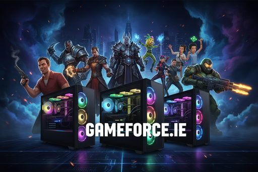 wide banner image , dark background , gameforce.ie logo in white , custom gaming midi tower pcs x 3 with characters from various pc games around the pcs , gtaV , league of legends , warcraft , baldurs gate , fortnite , castle wolfenstein , doom , simms 